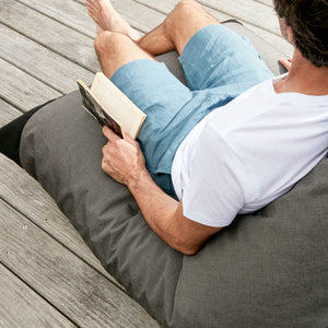 Basil Bangs Bean Bag in Charcoal Tweed: spill-proof, UV-stable for indoor/outdoor lounging, with a heavy-duty zip for easy cleaning. Available in Canada.