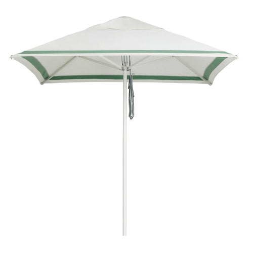 2m square Caspar patio umbrella in Regatta Stripe Sage, combining a sleek design with durable, marine-grade fixtures for outdoor shade.