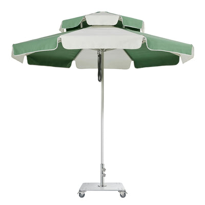 Double Caspar patio umbrella featuring a white powder-coated aluminum frame and stainless steel center post.