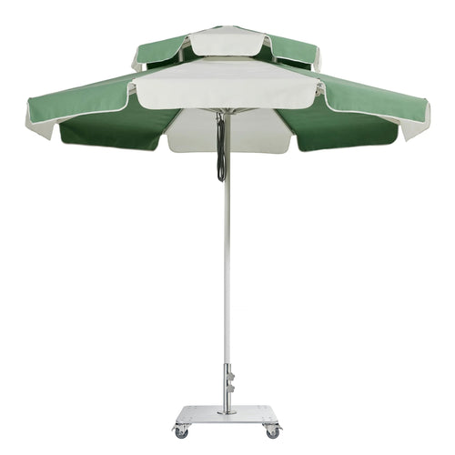 Double Caspar patio umbrella featuring a white powder-coated aluminum frame and stainless steel center post.