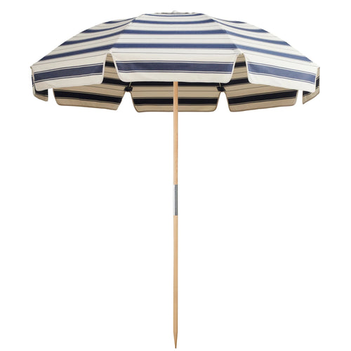 Jardin Patio Umbrella in Al Mare Stripe Marine by Basil Bangs, offering timeless style and UPF50+ protection for outdoor spaces.