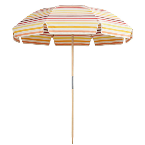 Jardin Patio Umbrella in Amore Stripe Gelato by Basil Bangs, featuring UPF50+ protection and stylish domed design for outdoor elegance.