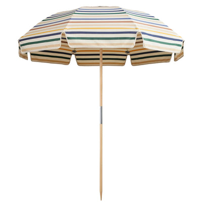 Jardin Patio Umbrella in Amore Stripe Gusto by Basil Bangs, featuring UPF50+ sun protection and a stylish domed design for outdoor spaces.