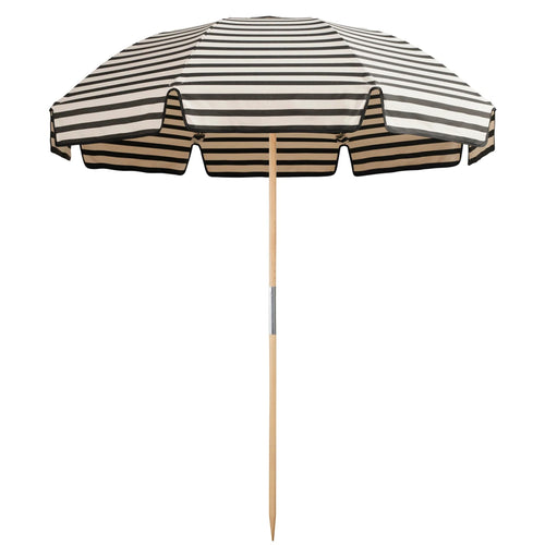 Jardin Patio Umbrella in Amore Stripe Sabbia by Basil Bangs, offering UPF50+ protection and timeless design for outdoor style and shade.