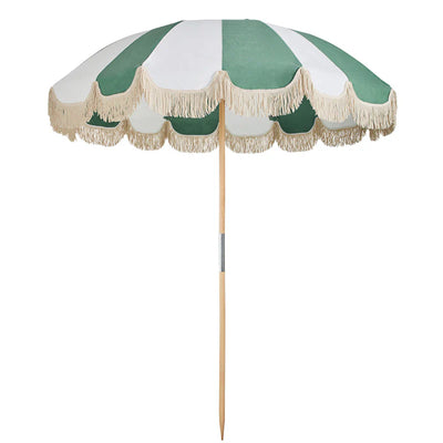 Jardin Patio Umbrella in Sage/White by Basil Bangs, featuring a domed shape, fringing, and UPF50+ protection for stylish outdoor shade.