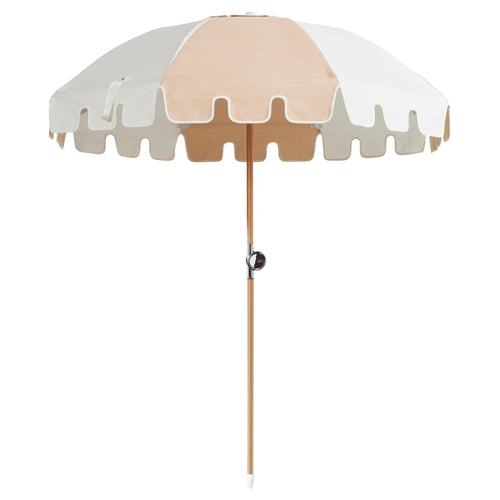 Luxury outdoor umbrella in Cava and white with hardwood pole and marine-grade fabric
