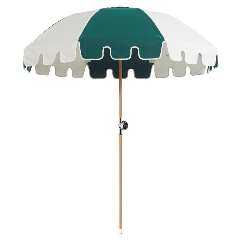 Luxury Umbrella in Forest/White by Basil Bangs, crafted with fade-resistant fabric and offering UPF50+ protection for outdoor shade.