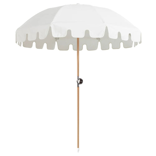 Luxury Umbrella in White by Basil Bangs, offering UPF 50+ protection and premium durability for Canadian outdoor living.