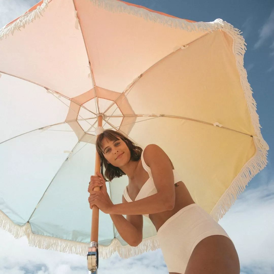 Sundance Beach Umbrella by Basil Bangs offers bold design and durable, rust-resistant build for Canadian beaches.