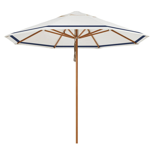 Sundial+ Umbrella in Regatta Stripe Navy, with timber-look finish and marine-grade durability for stylish and resilient outdoor shade.