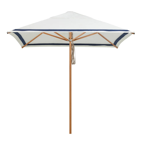 Sundial+ Umbrella in Regatta Stripe Navy, featuring a timber-look aluminum frame and marine-grade durability for stylish outdoor shade.