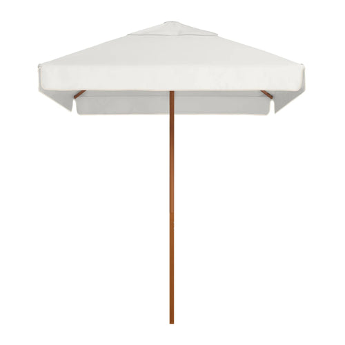 Sundial+ umbrella in White with timber-look finish and straight valance, combining style and durability for outdoor shade.